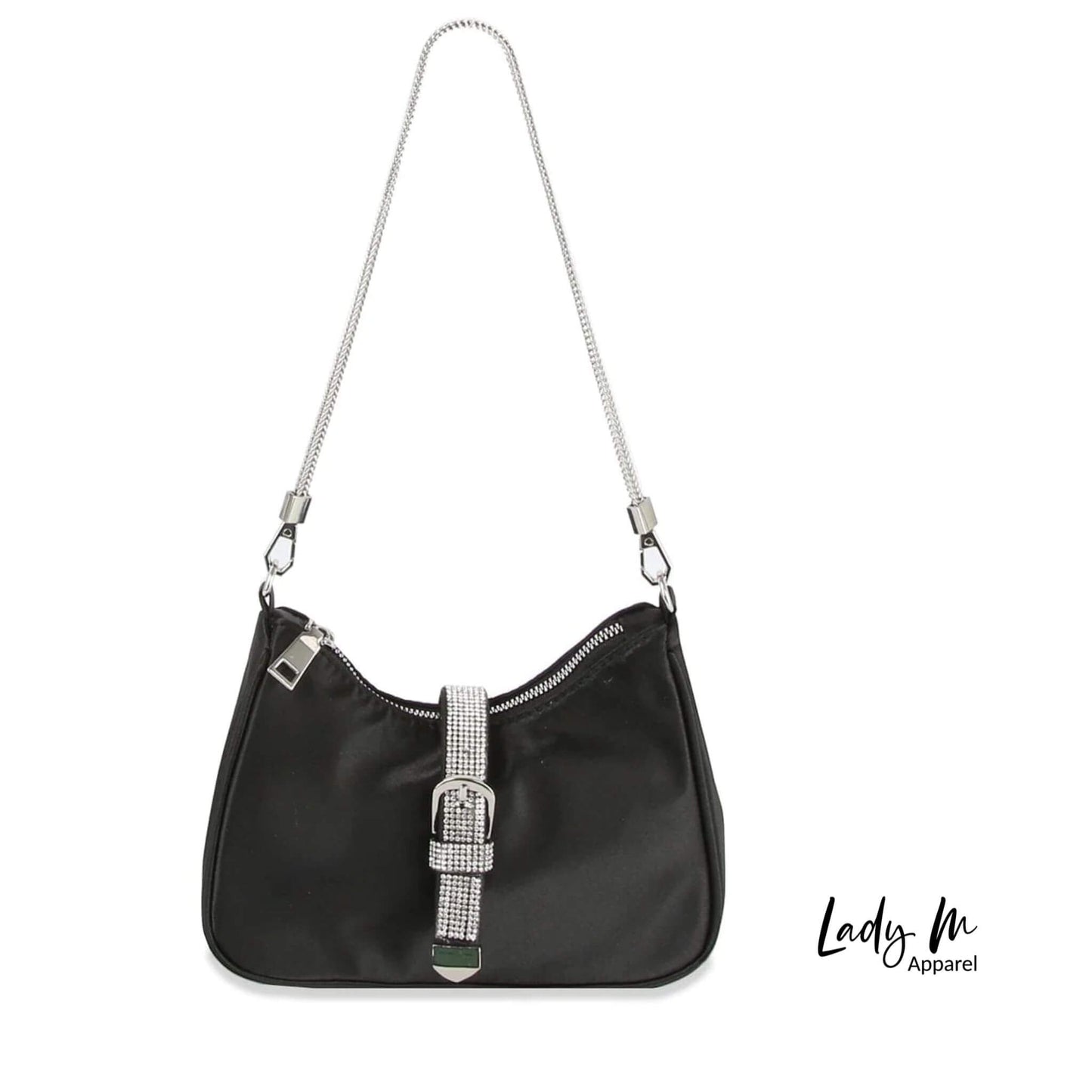 Black shoulder bag with rhinestone buckle and silver chain strap