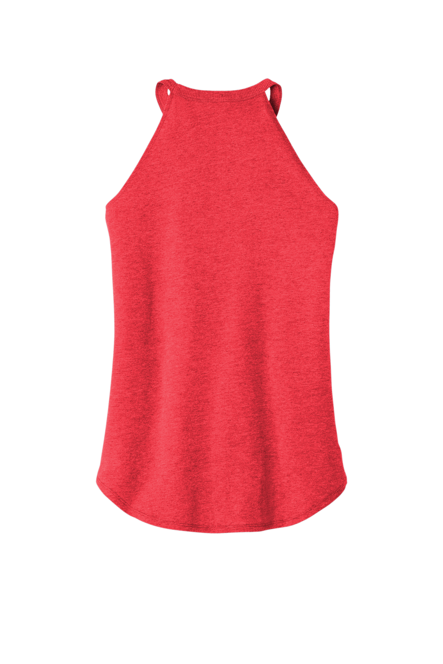 Women’s red halter tank top back view — soft heather fabric with high neckline, tapered shoulders, and curved hem for a flattering fit.