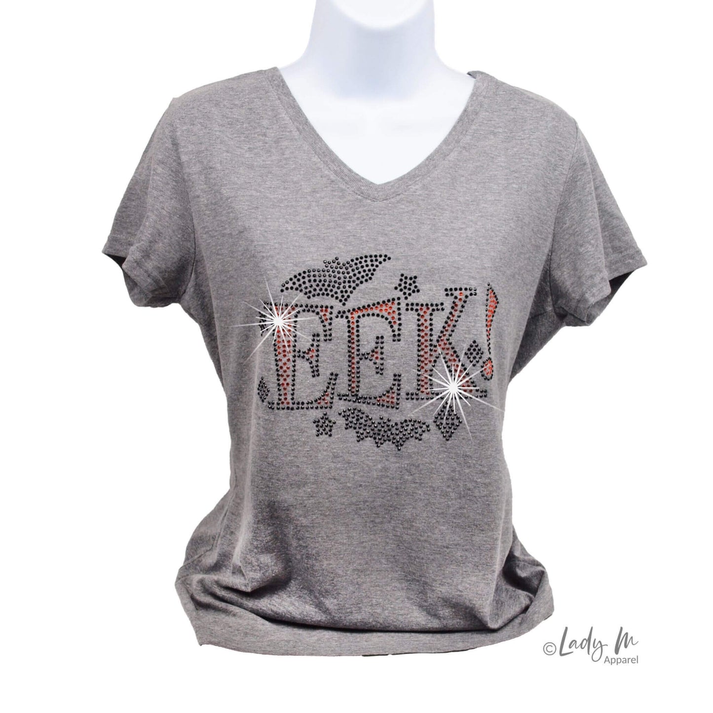 Women’s gray V-neck Halloween rhinestone shirt with sparkling “EEK!” bat design — spooky bling t-shirt for fall or costume season.