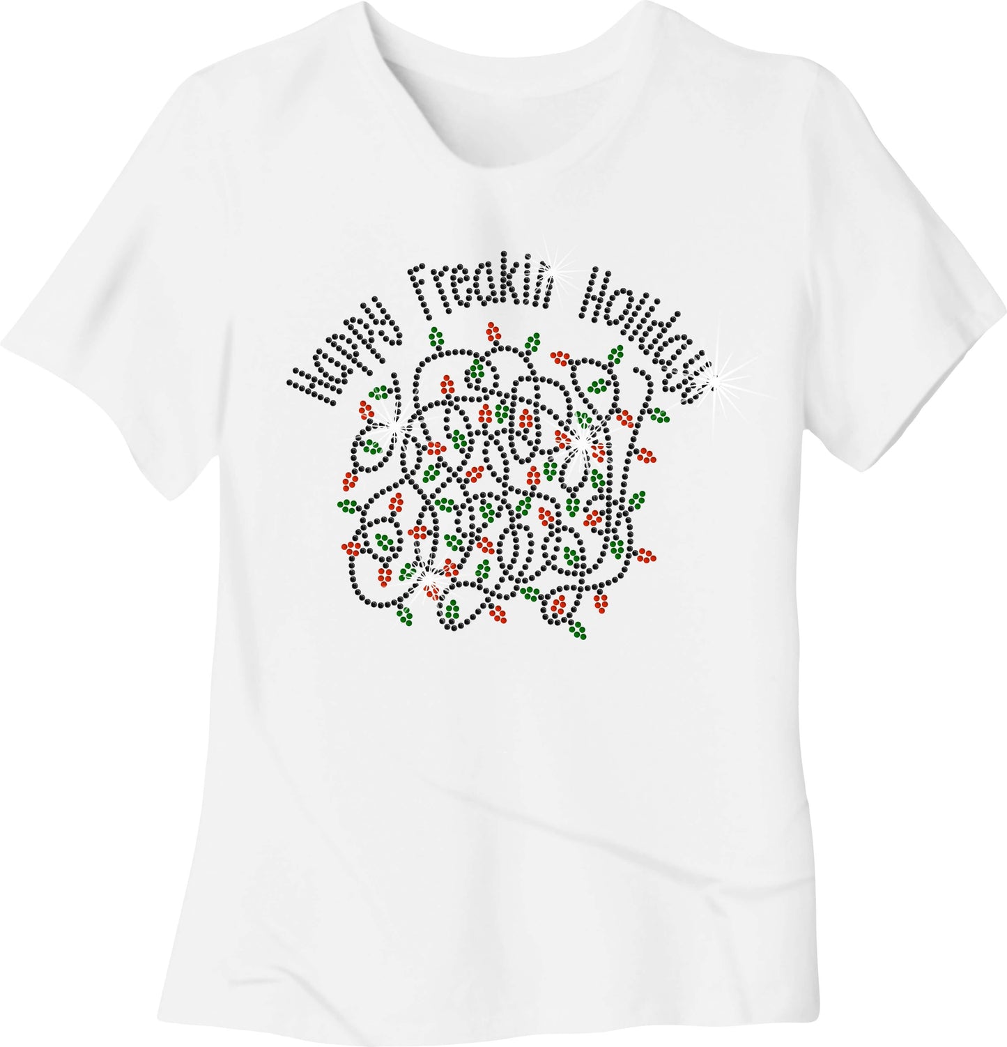 White short-sleeve T-shirt with a rhinestone-style “Happy Freakin Holidays” graphic featuring a tangled string of red and green Christmas lights.