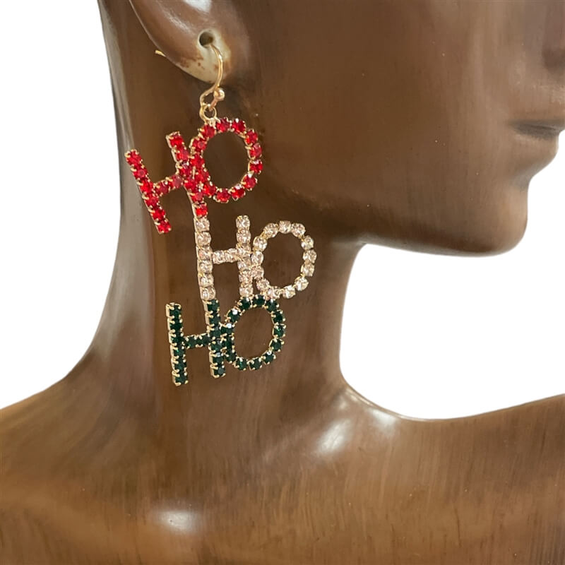 HO HO HO Rhinestone Dangle Earrings – Festive Holiday Sparkle