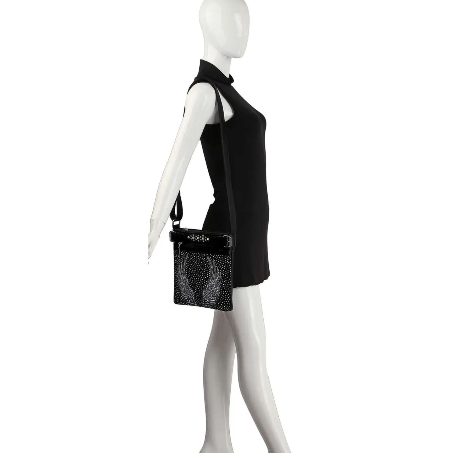 Black Rhinestone Angel Wing Crossbody Bag