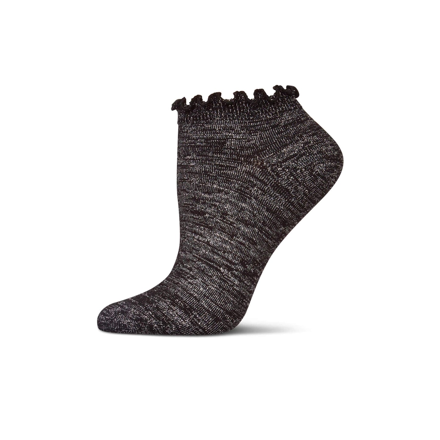 Black Heather Shimmer and ruffle cuff short sock - side view