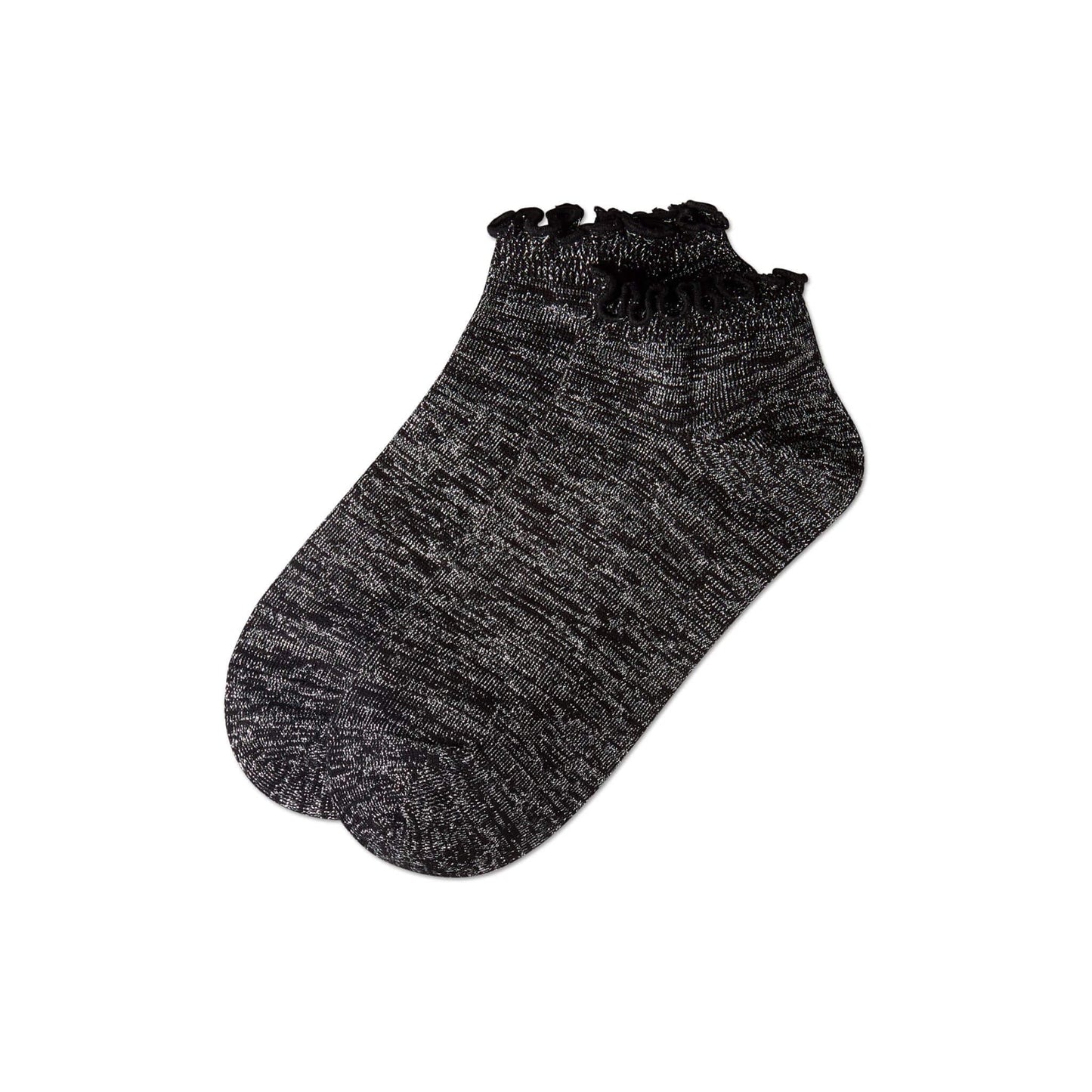 Pair of black heather shimmer and ruffle cuff short socks 