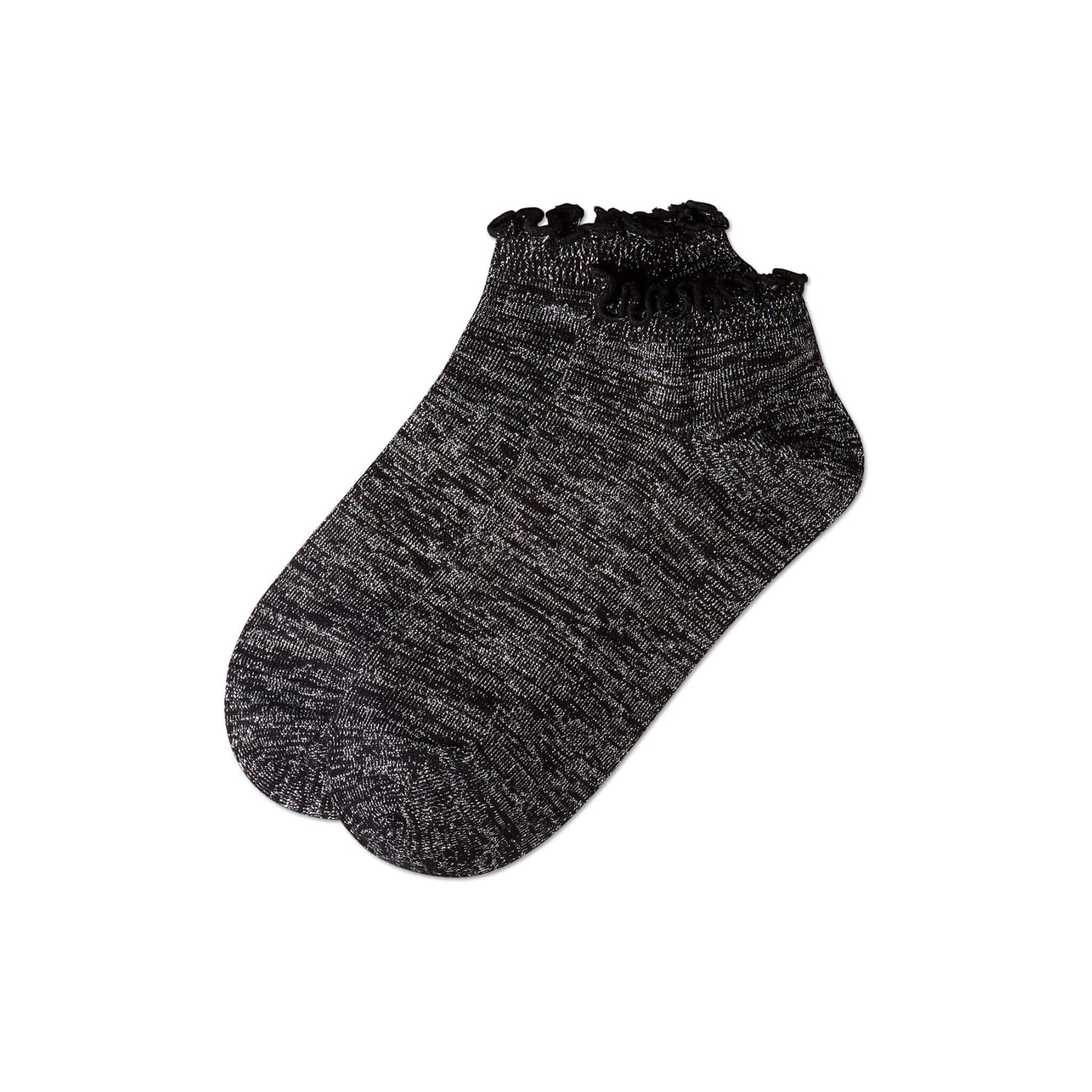 Pair of black heather shimmer and ruffle cuff short socks 