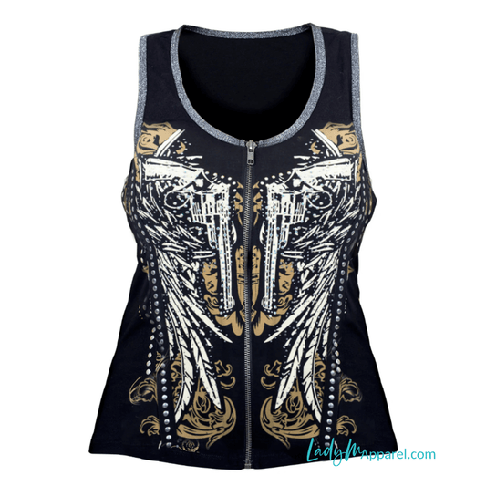 Biker Wings & Guns Zip-Front Tank Top | Studded Western Graphic
