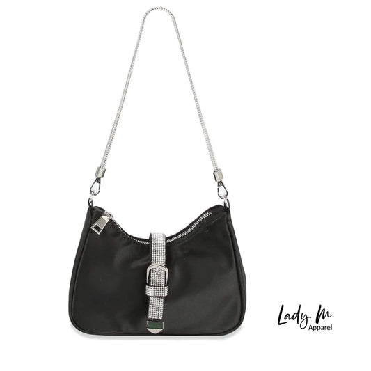 Black shoulder bag with rhinestone buckle and silver chain strap