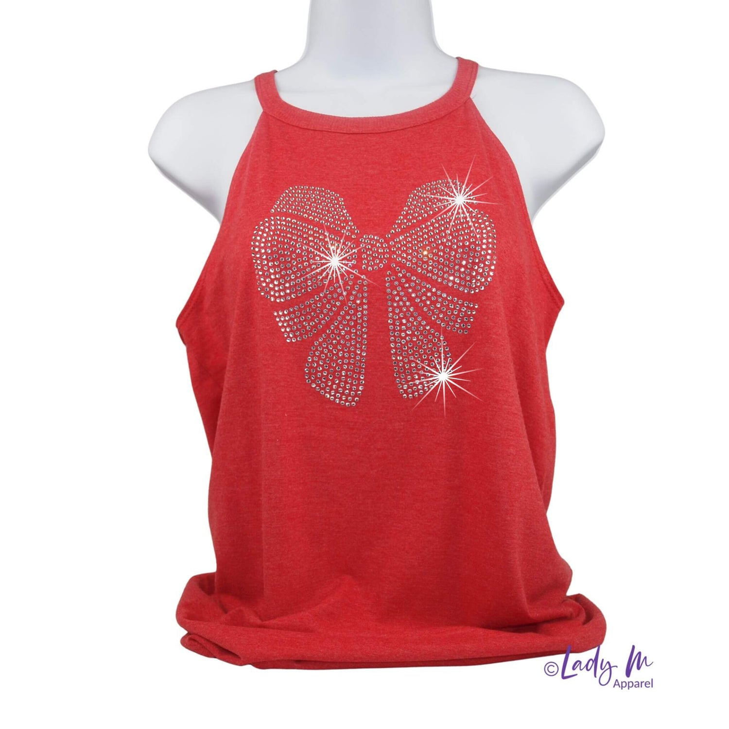 Women’s red halter tank top with large rhinestone bow design — sparkly bling sleeveless shirt for stylish, confident looks from Lady M Apparel.
