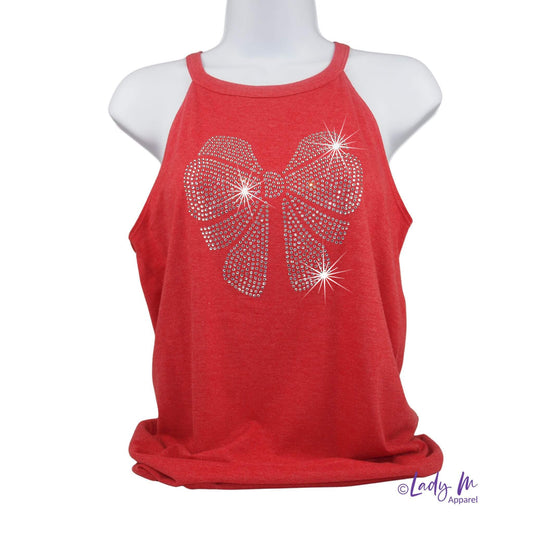 Women’s red halter tank top with large rhinestone bow design — sparkly bling sleeveless shirt for stylish, confident looks from Lady M Apparel.