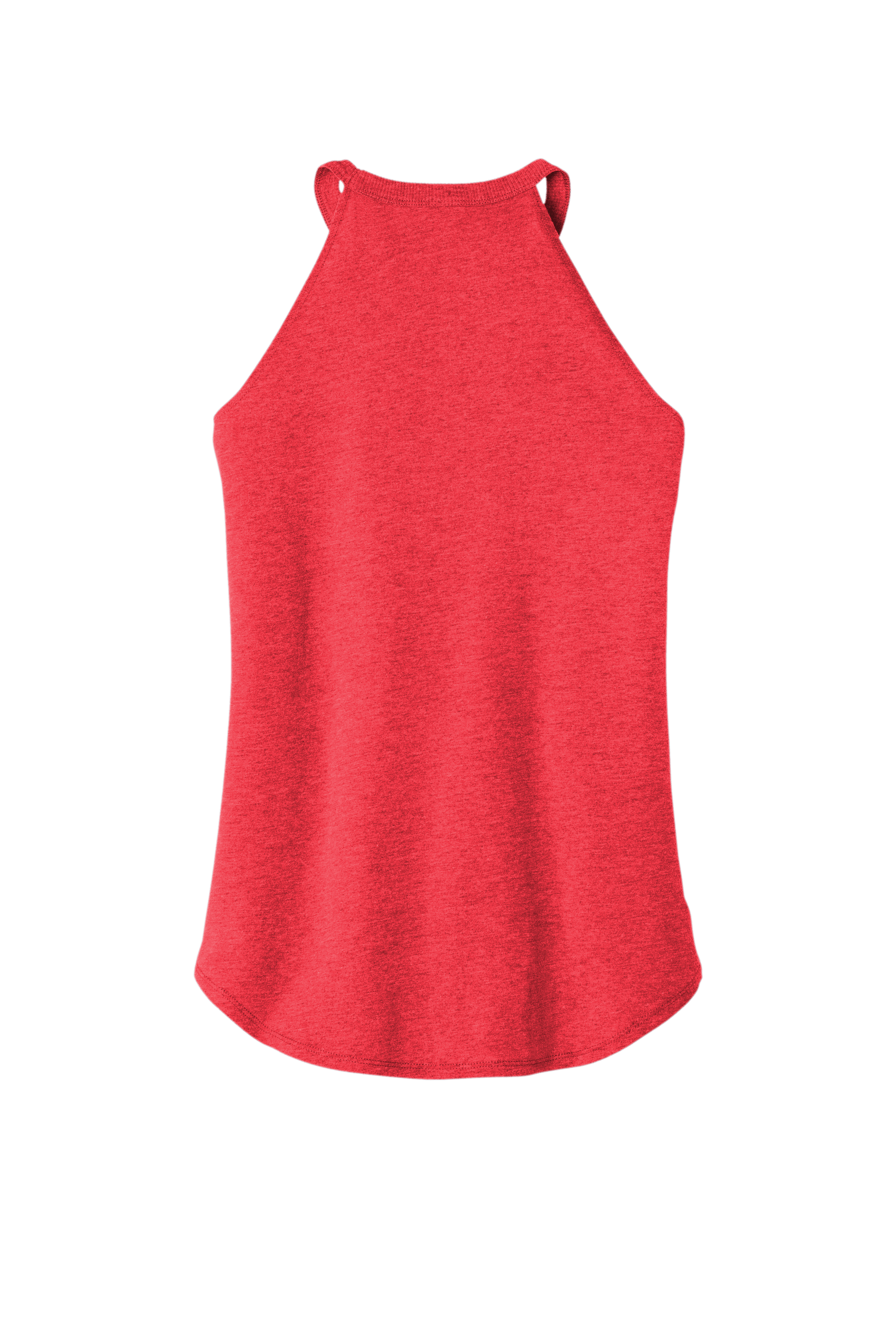 Women’s red halter tank top back view — soft heather fabric with high neckline, tapered shoulders, and curved hem for a flattering fit.