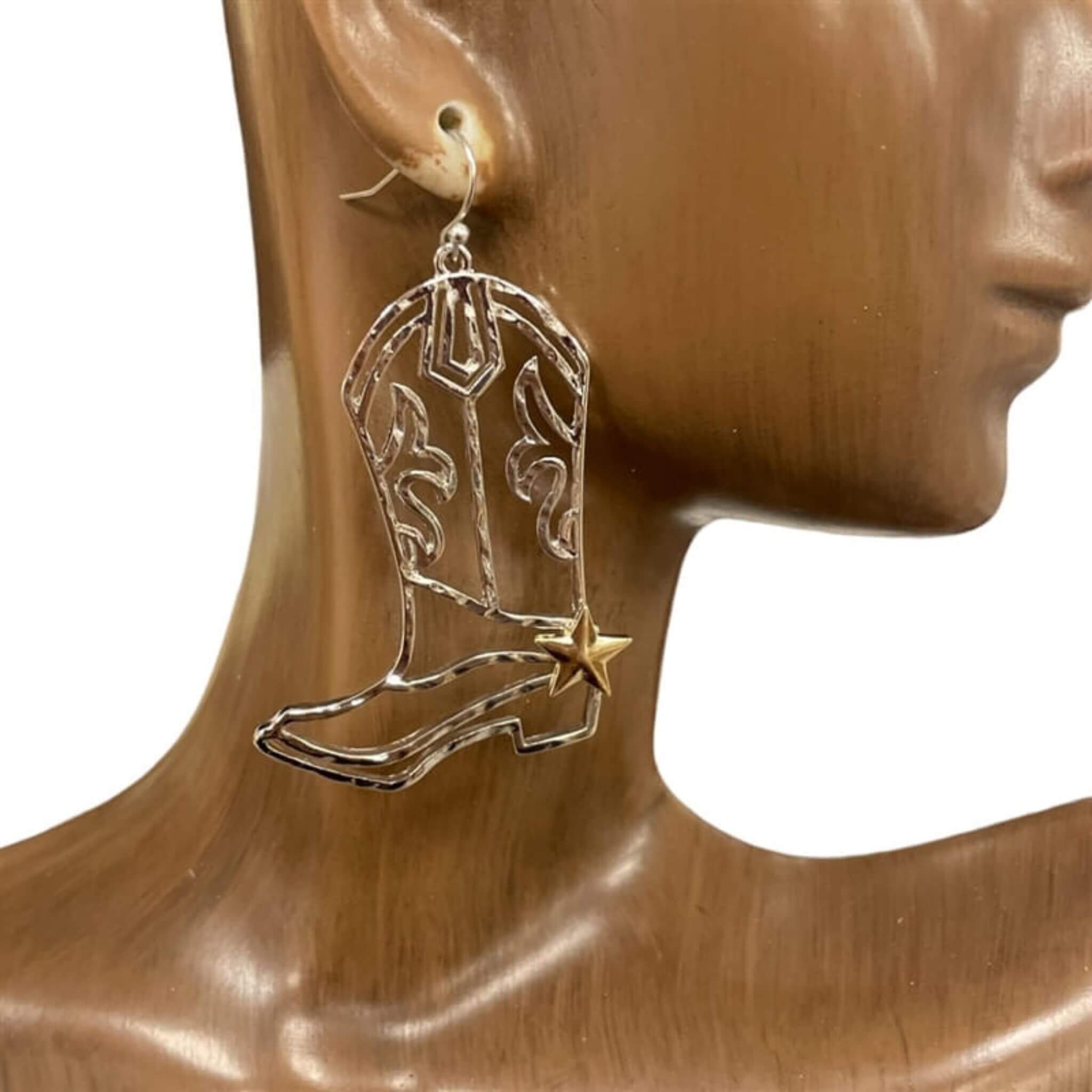 Western boot outline earrings in silver with gold star accent