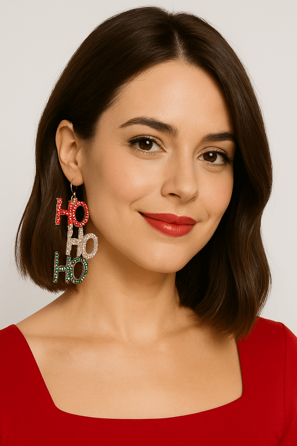 Woman wearing festive HO HO HO rhinestone dangle earrings in red, clear, and green for a bold holiday sparkle look.