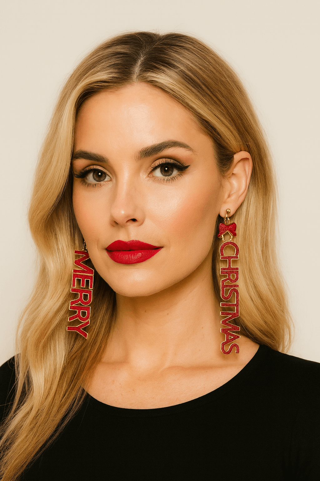 Woman wearing long red glitter dangle earrings that read “MERRY” and “CHRISTMAS” with small bow accents for a festive holiday look.