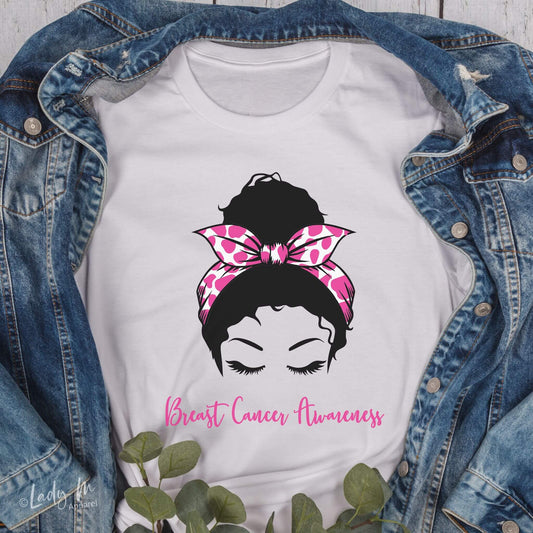 Breast Cancer Awareness Messy Bun Graphic Tee