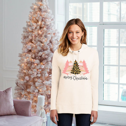 Pink & Leopard Christmas Graphic - Ladies LS Hooded Tee