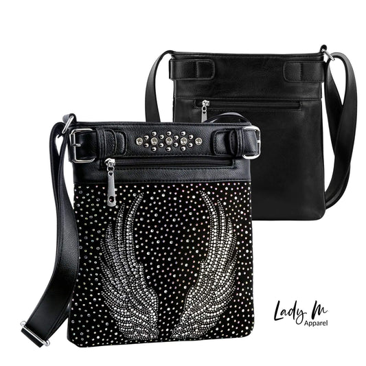 Black Rhinestone Angel Wing Crossbody Bag