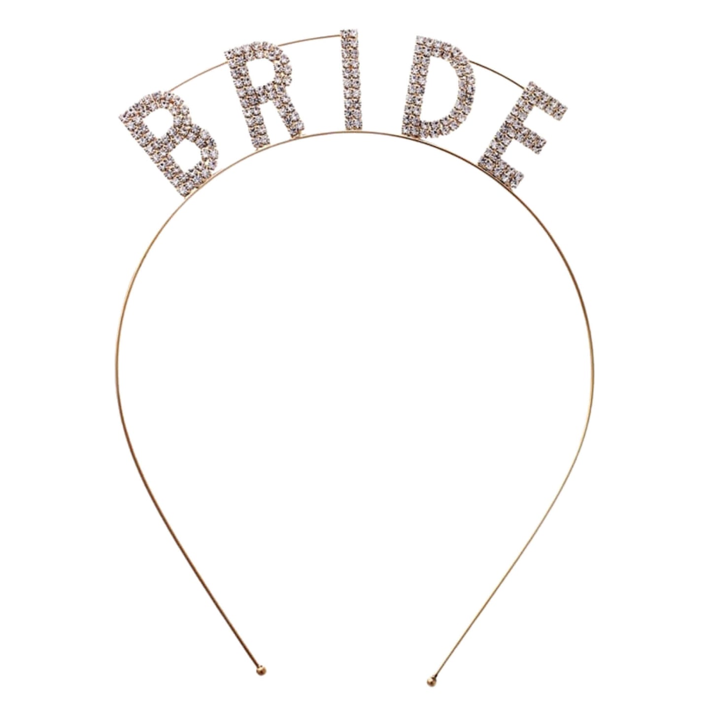 Gold headband with rhinestone “BRIDE” lettering