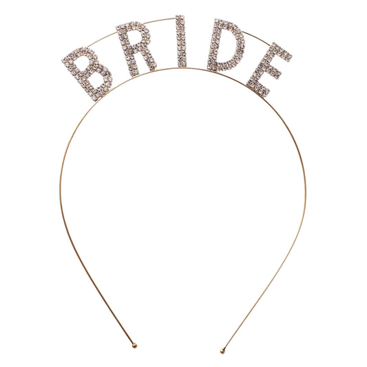 Gold headband with rhinestone “BRIDE” lettering
