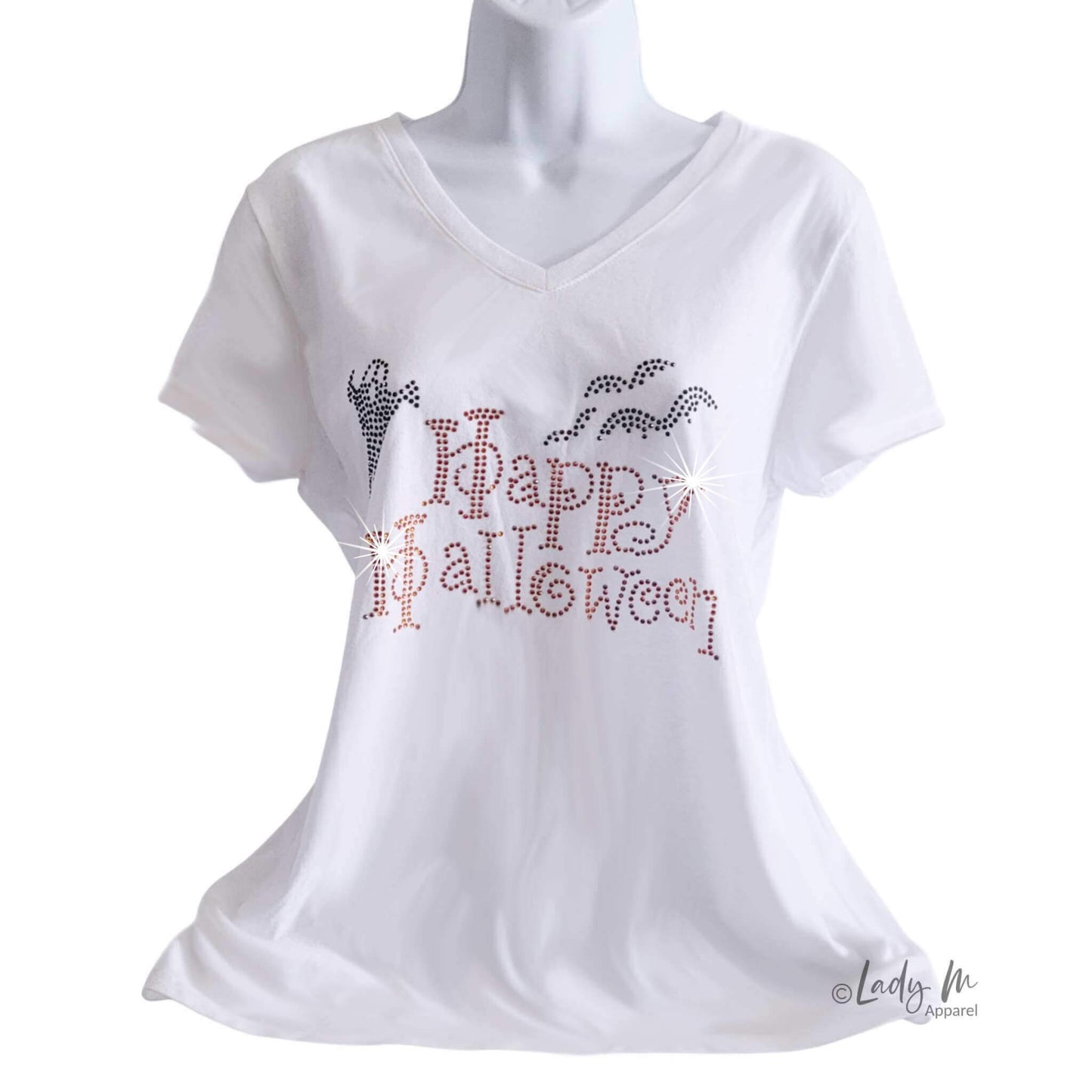 Women’s white V-neck Halloween rhinestone shirt with sparkling “Happy Halloween” design featuring bats and ghost — festive bling tee for spooky season.