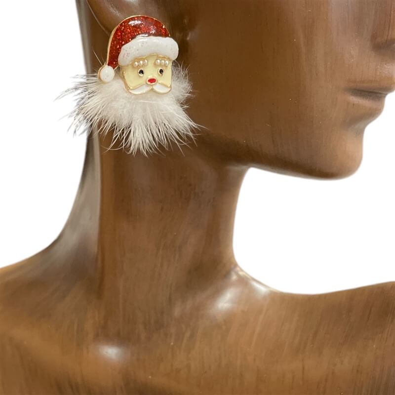 Festive Santa Face Earrings – Red Glitter Hat & Faux-Fur Trim