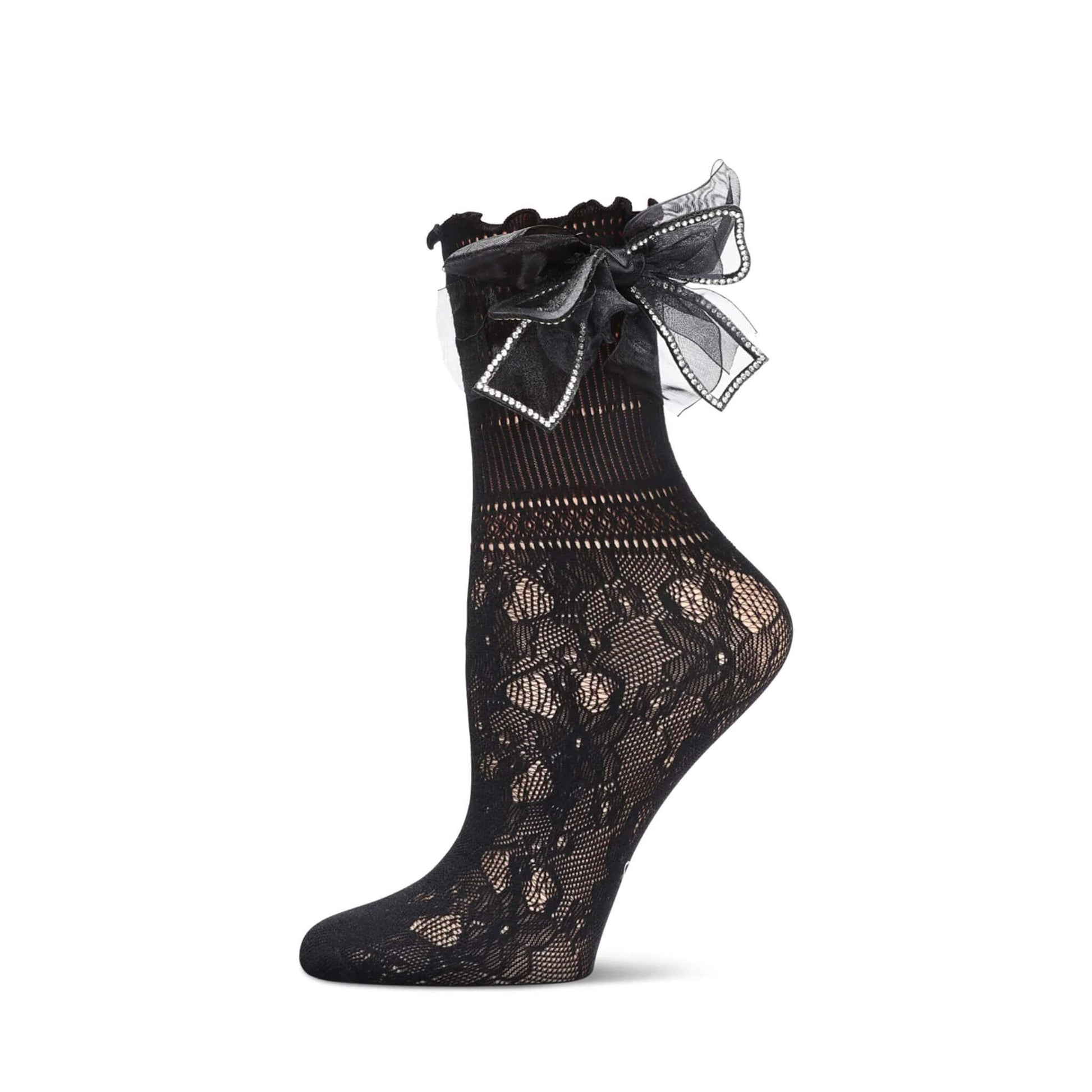Black lace netted crew sock with large rhinestone bow