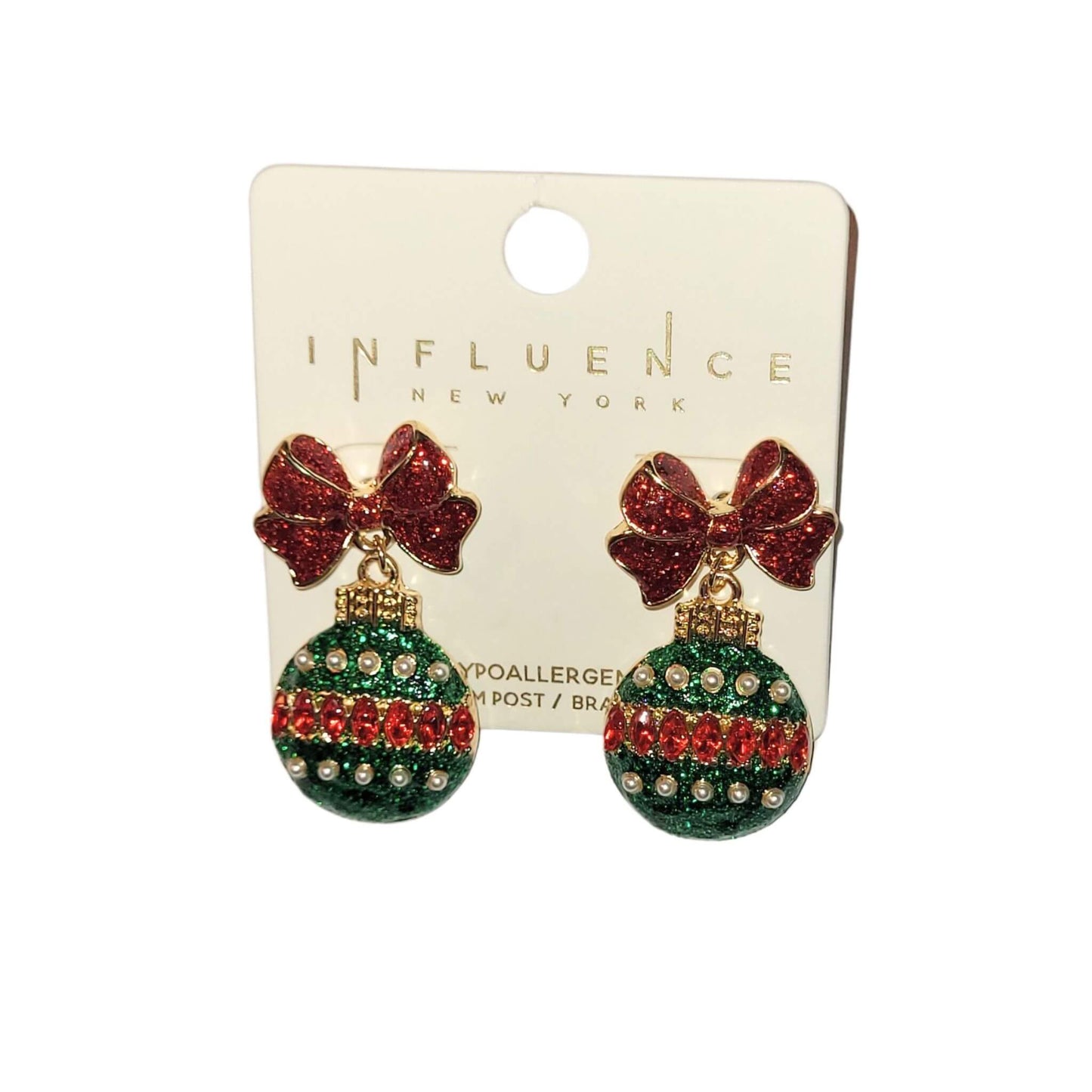 Rhinestone Ornament Earrings – Red Bow & Holiday Bauble Dangle