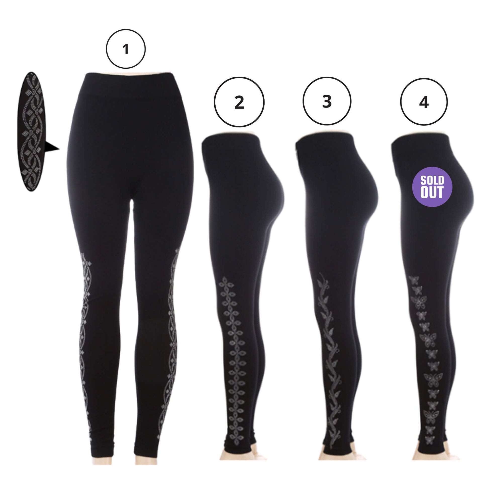 Black women’s leggings with crystal rhinestone side designs in lattice, linked ovals, vine, and butterfly patterns.