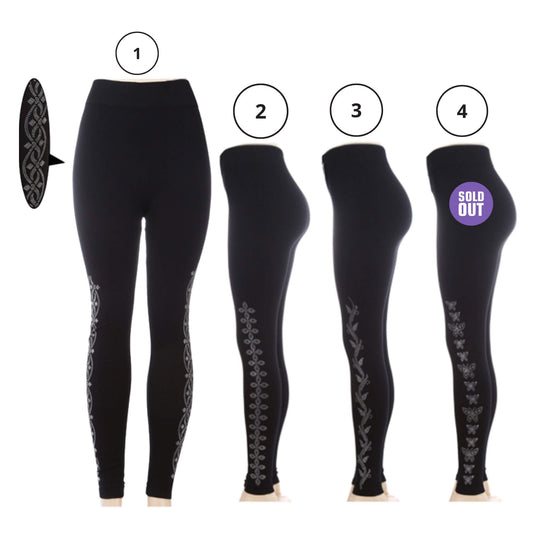 Black women’s leggings with crystal rhinestone side designs in lattice, linked ovals, vine, and butterfly patterns.
