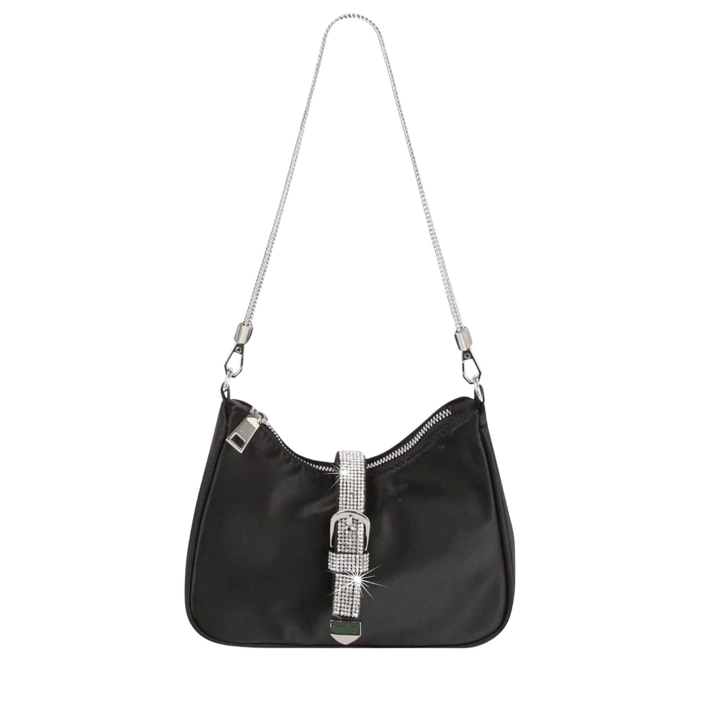 Black shoulder bag with rhinestone buckle and silver chain strap
