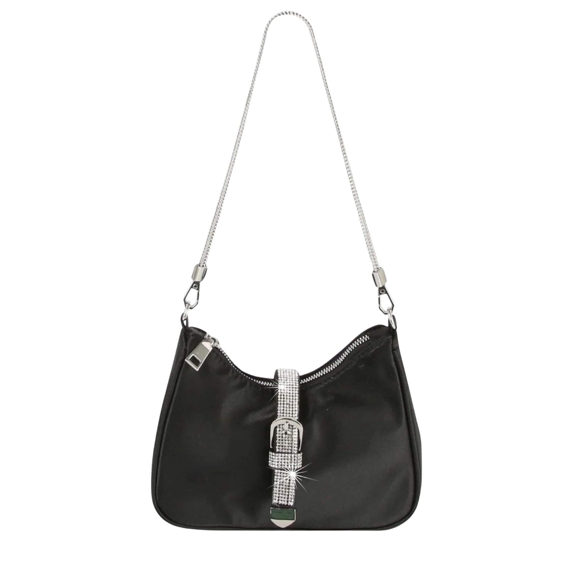 Black shoulder bag with rhinestone buckle and silver chain strap