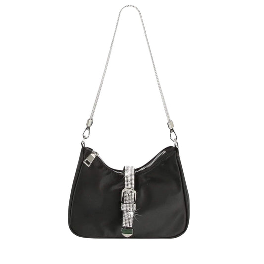 Black shoulder bag with rhinestone buckle and silver chain strap