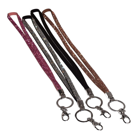 Rhinestone lanyards in pink, silver, black, and rose gold