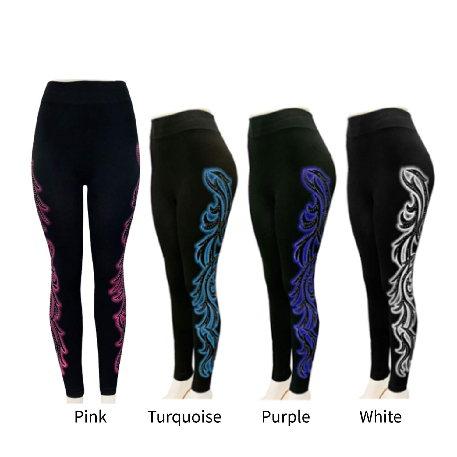Black high-waist leggings with bold rhinestone swirl side detailing in pink, turquoise, purple, or white, giving an edgy glam look with biker appeal.