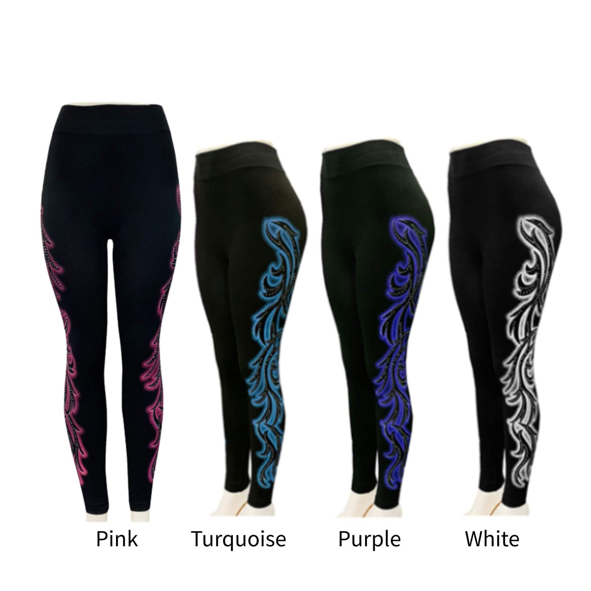 Black high-waist leggings with bold rhinestone swirl side detailing in pink, turquoise, purple, or white, giving an edgy glam look with biker appeal.