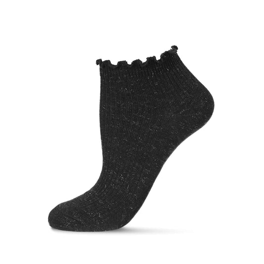 Black ribbed low cut sock with scalloped cuff and metallic sparkle