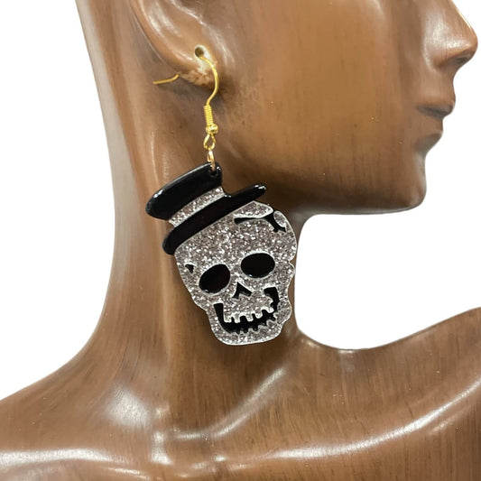 Glittering Silver Skull Earrings