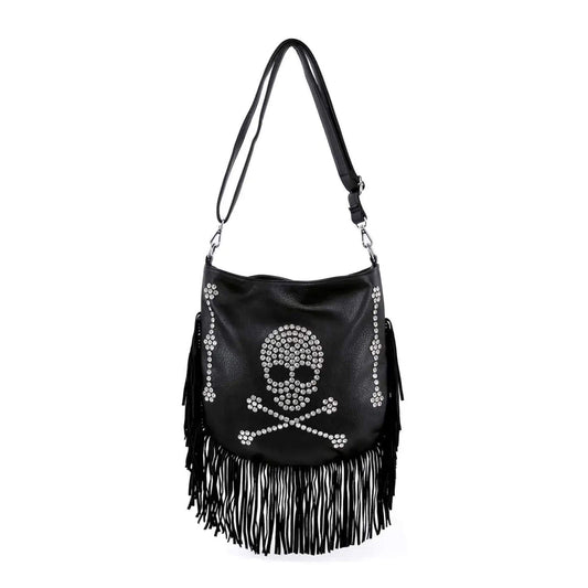 Black rhinestone skull fringe shoulder bag with silver hardware and adjustable strap