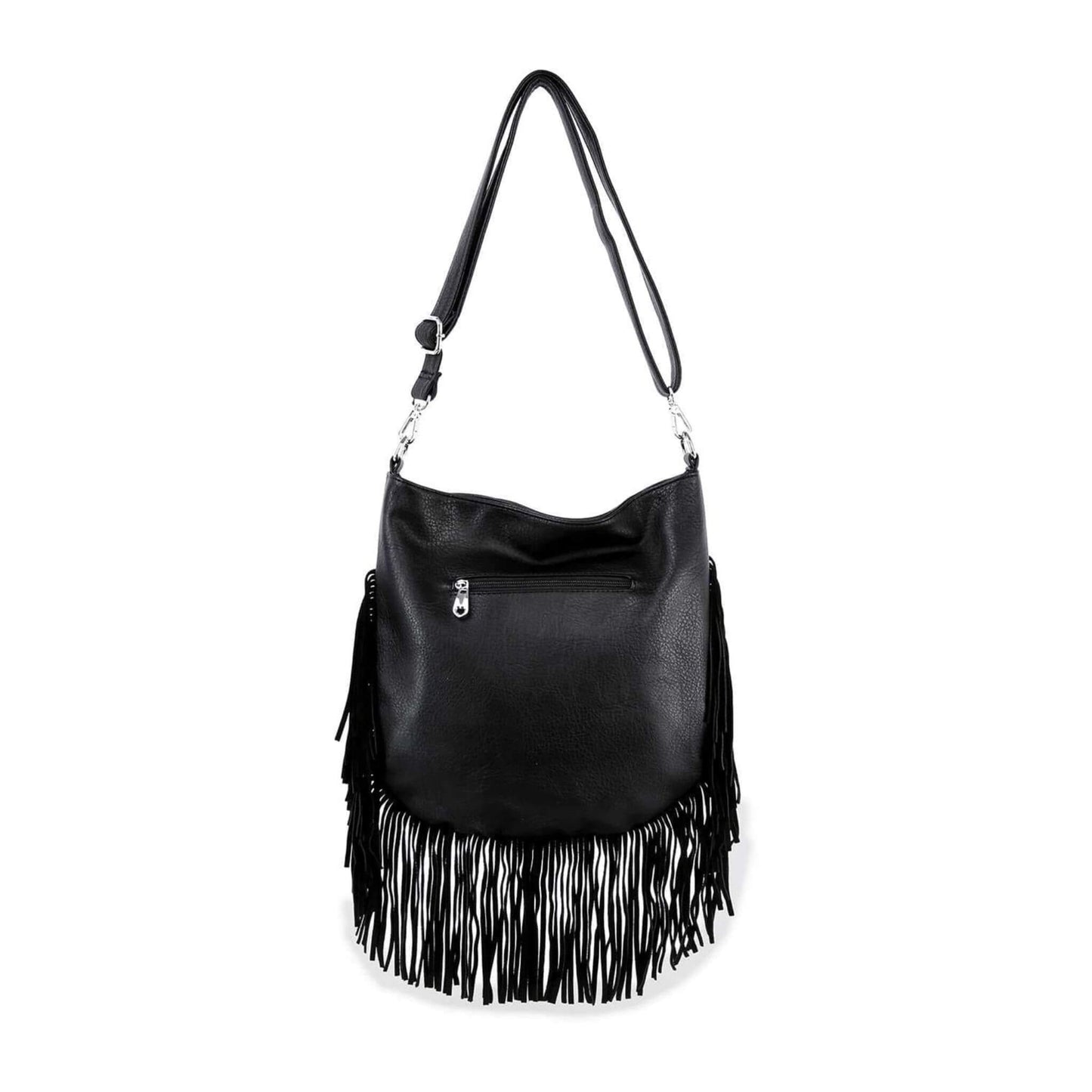 Black fringe shoulder bag back view with zipper pocket