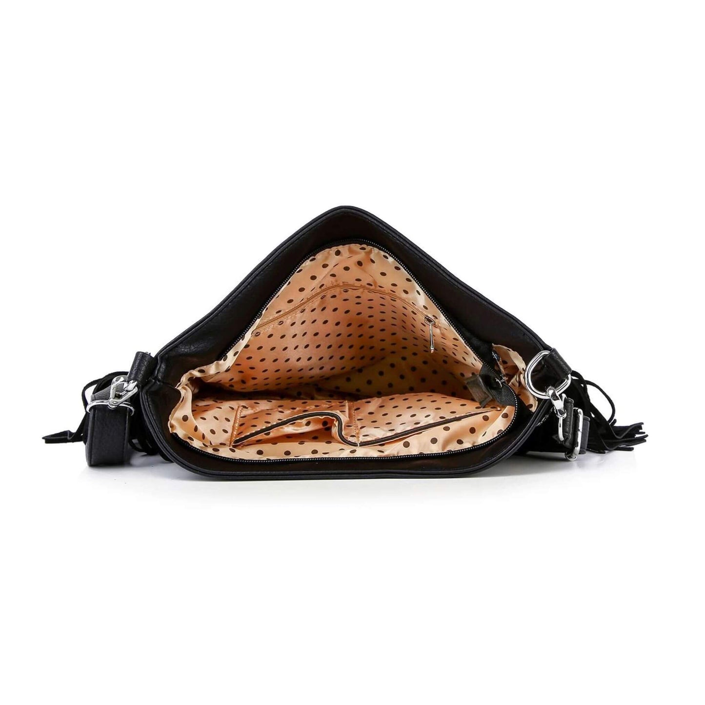 Inside view of fringe shoulder bag with slip and zip pockets