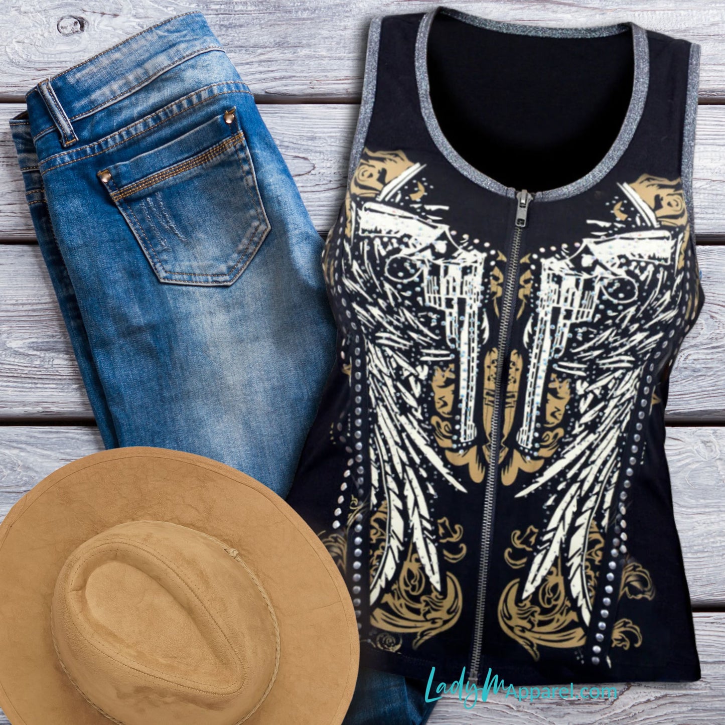 Biker Wings & Guns Zip-Front Tank Top | Studded Western Graphic