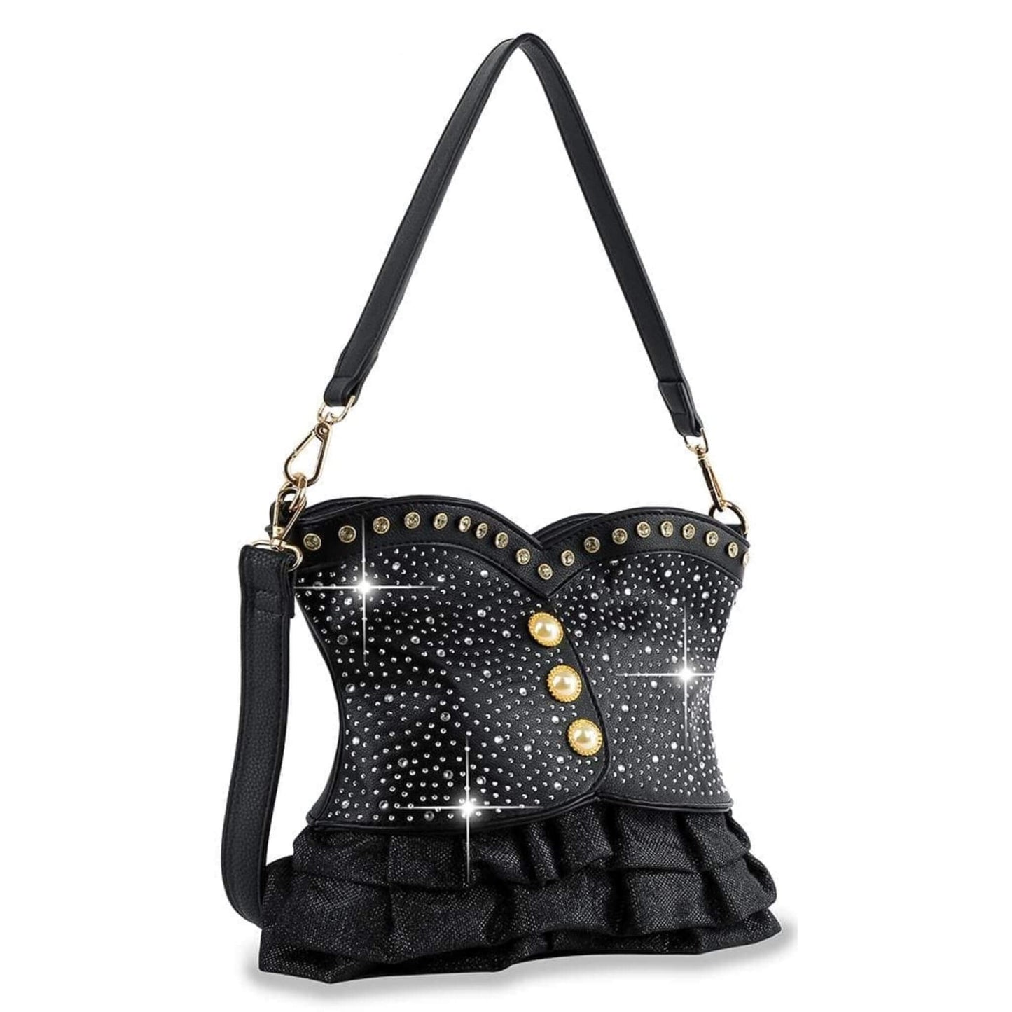 Black studded corset style handbag with gold button accents for women