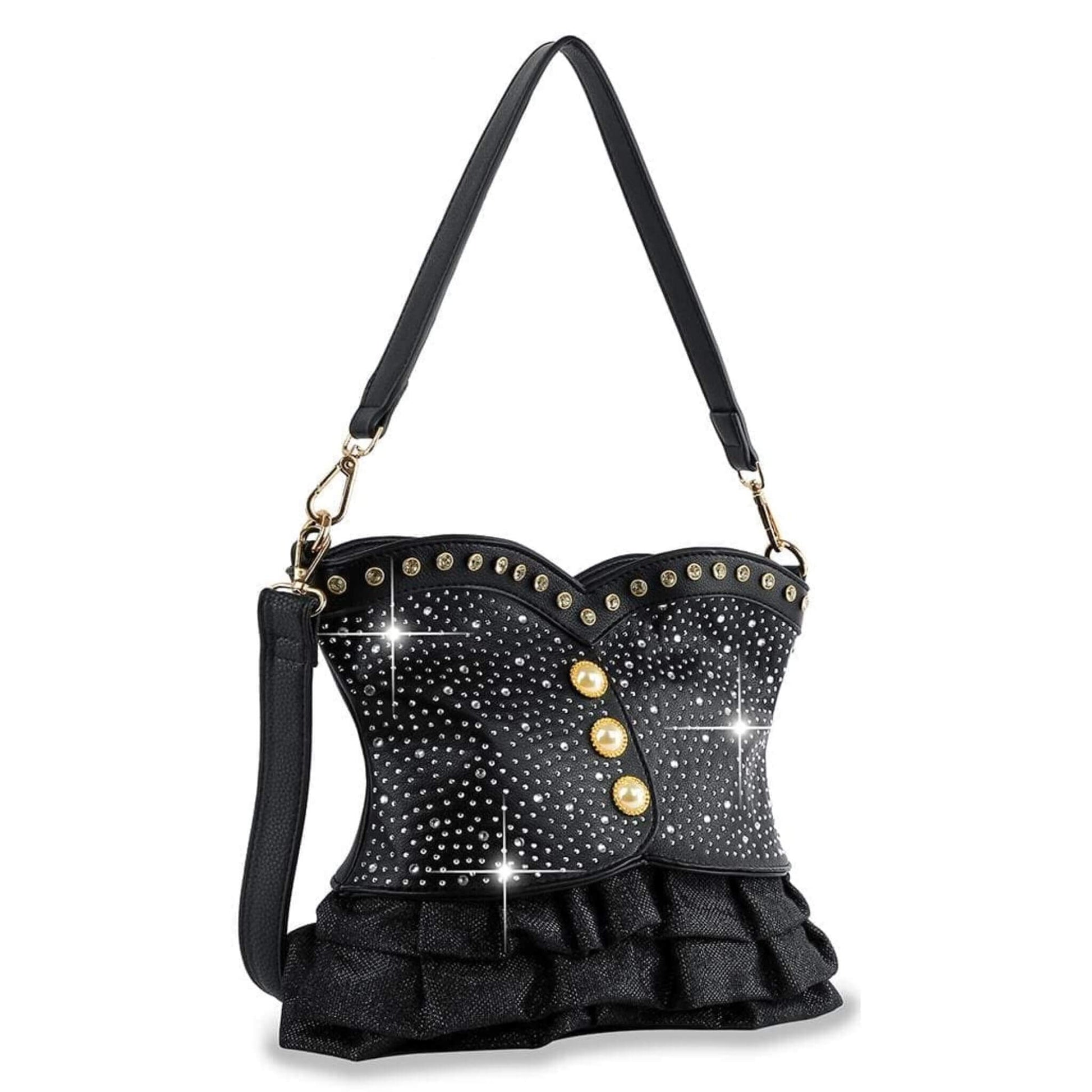 Black studded corset style handbag with gold button accents for women