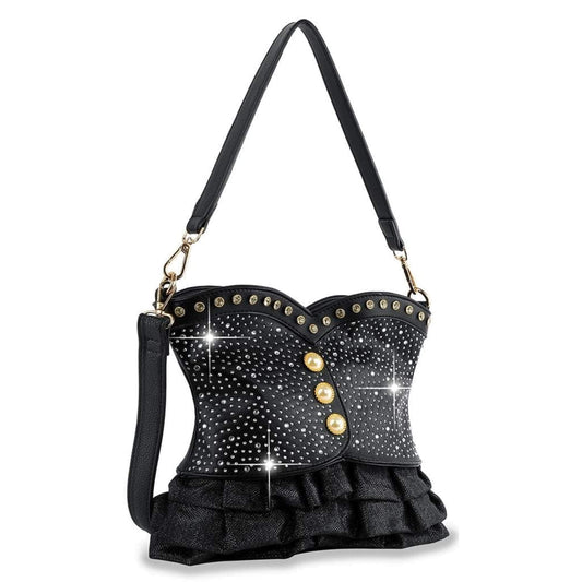 Black studded corset style handbag with gold button accents for women