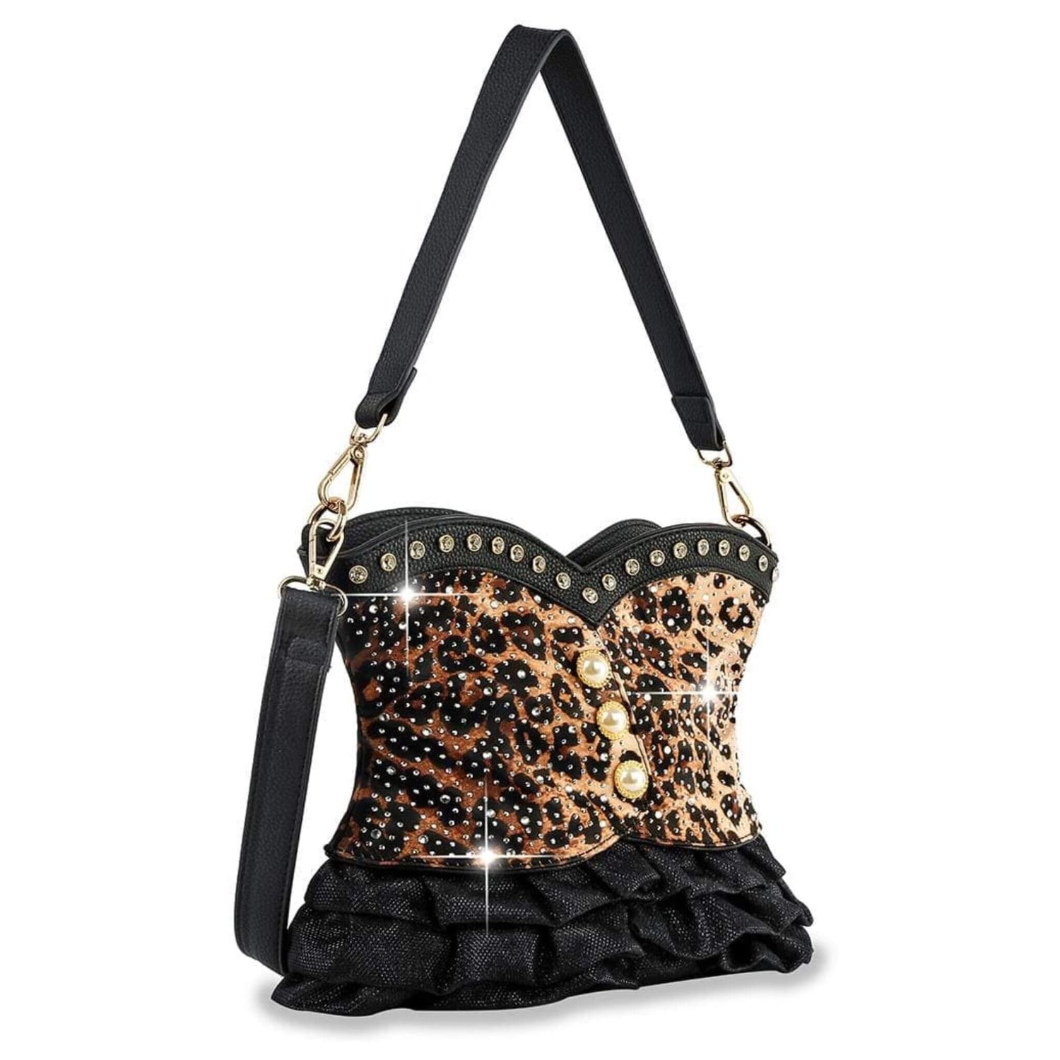 Leopard print corset handbag with rhinestones and ruffle detail