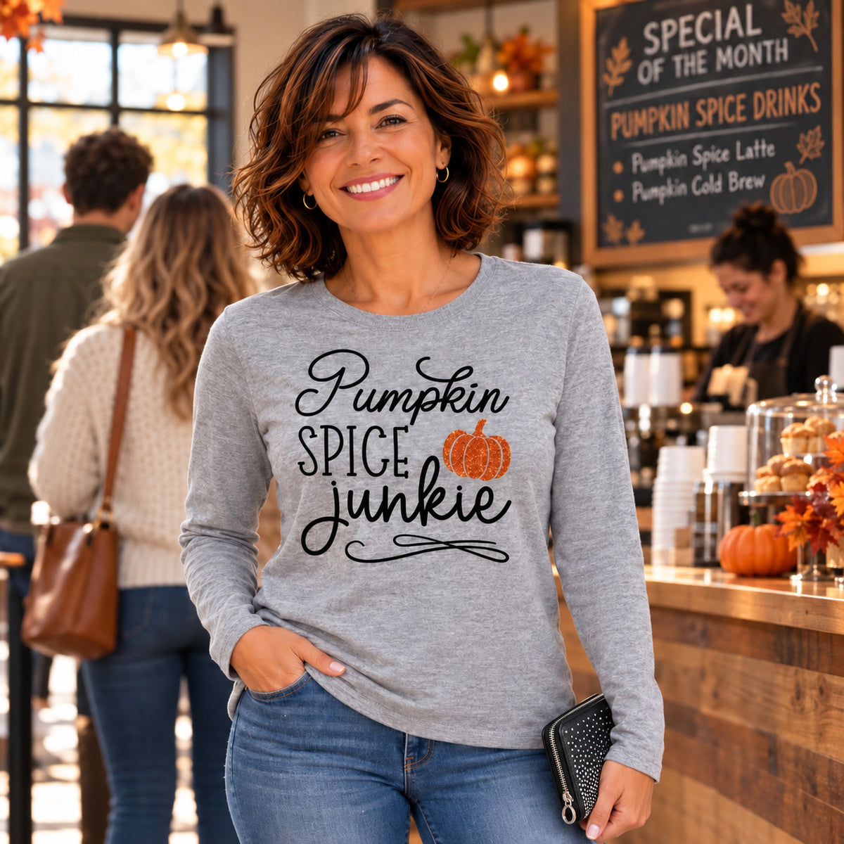 Woman wearing a grey Pumpkin Spice Junkie long sleeve graphic tee with black lettering and an orange glitter pumpkin in a fall coffee shop.