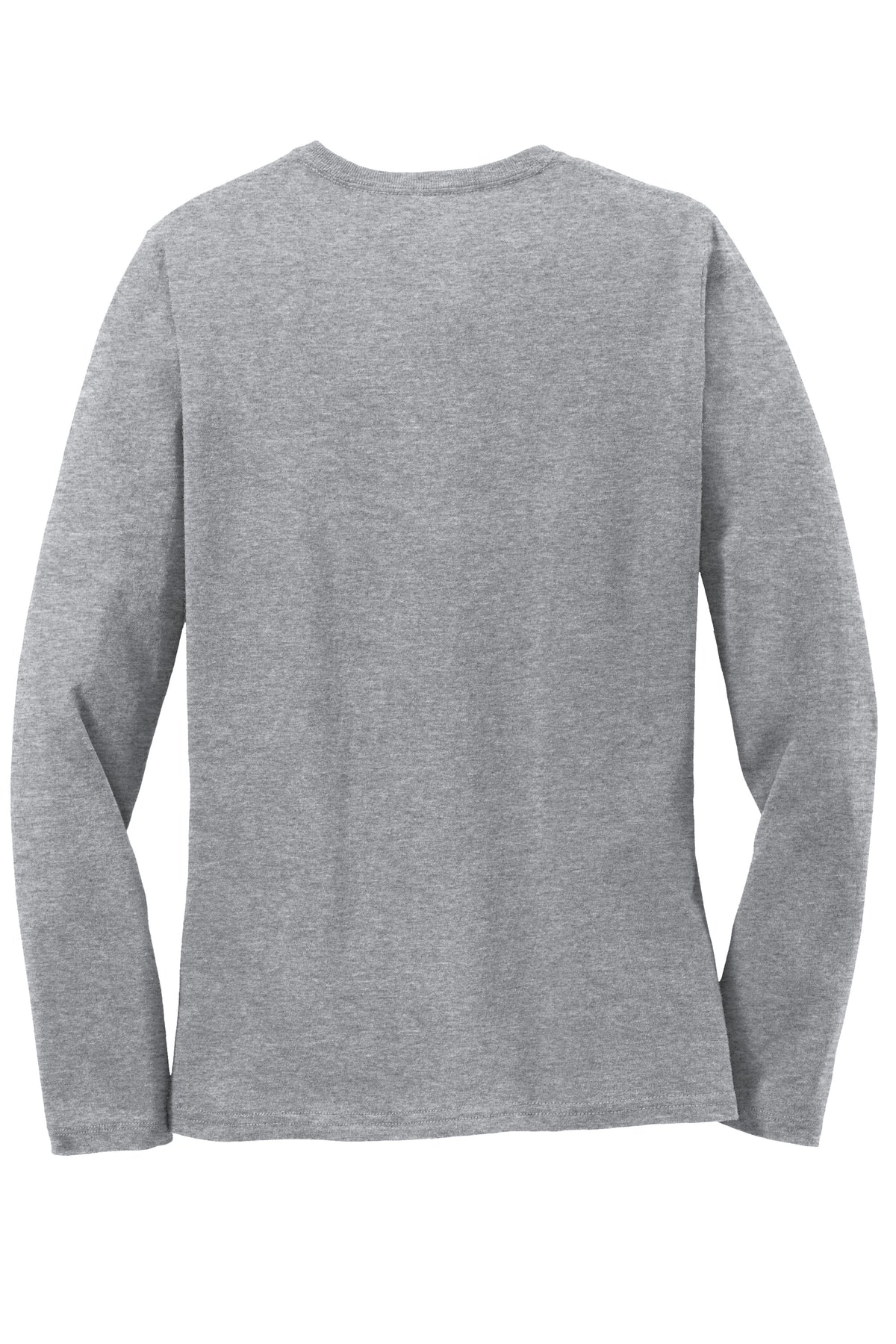 Back flat-lay view of women's athletic heather grey long sleeve crewneck T-shirt featuring a classic fit and straight hem.